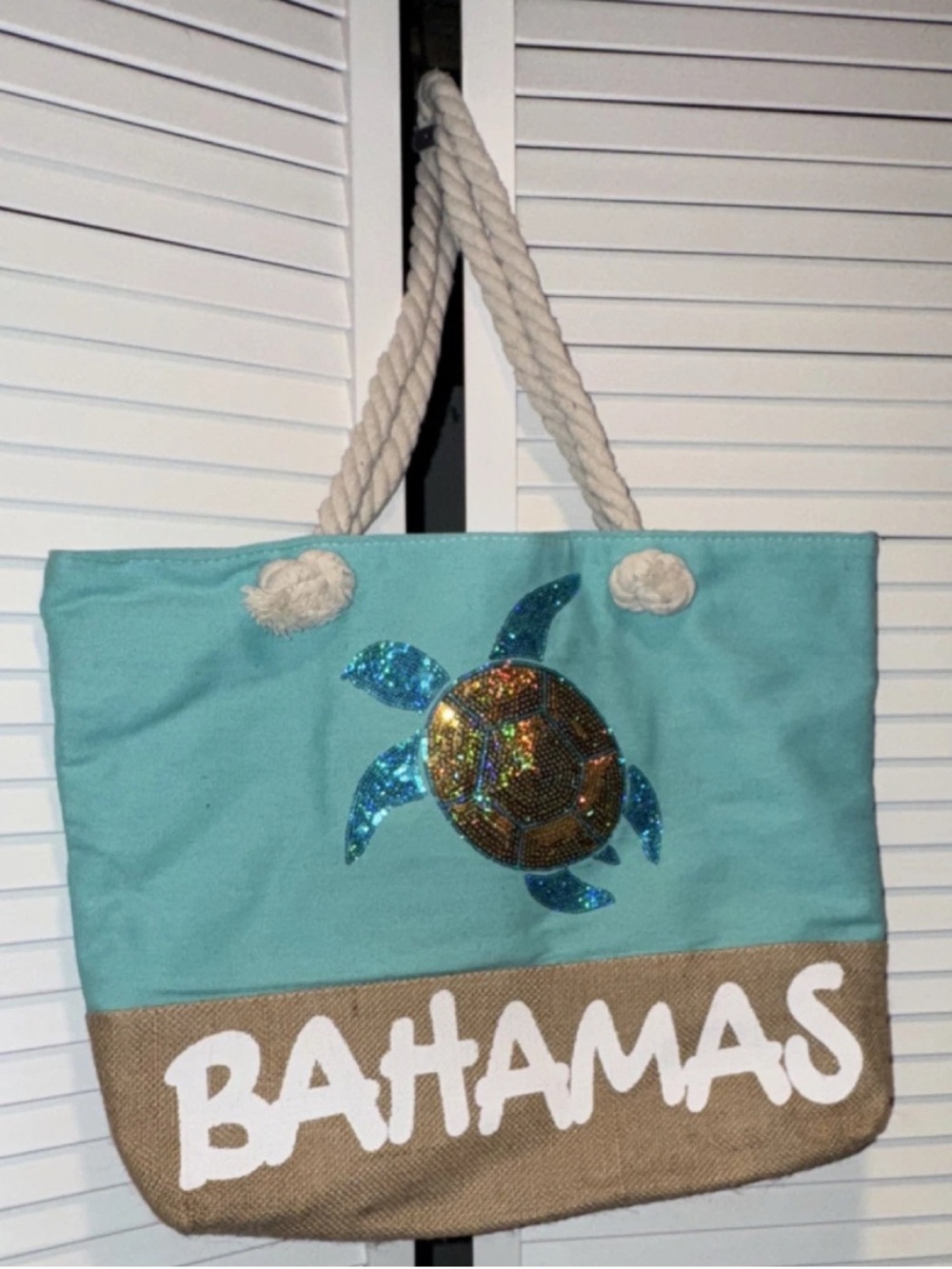 Bahamas Sequin Turtle Beach Tote Bag - Aqua